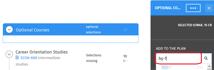 Screenshot: editing study plan in Sisu