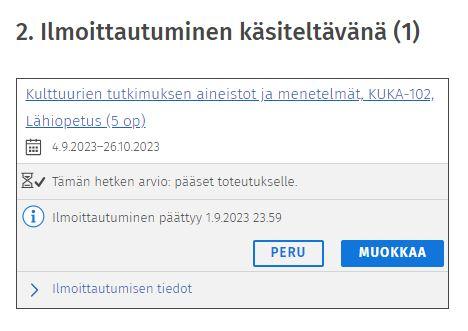 Kuvakaappaus muokattavissa olevasta ilmoittautumisesta.