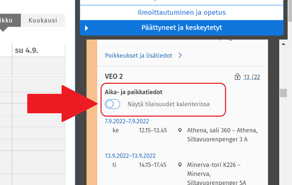 Kuvakaappaus Näytä tilaisuudet kalenterissa -valinnasta.