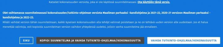 Kuvakaappaus version vaihtamisen vahvistamisen ilmoituksesta