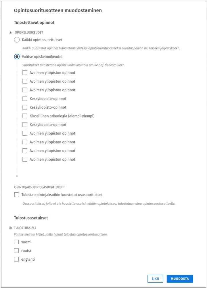 Kuvakaappaus opintosuoritusotteen valinnoissta Sisussa