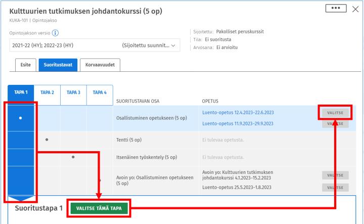 Kuvakaappaus opintojaksoesitteen Suoritustavat-välilehdeltä.