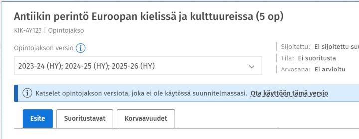Kuvakaappaus version vaihtamisen ilmoituksesta.
