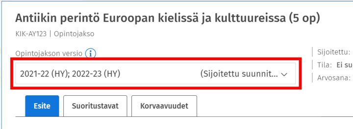 Kuvakaappaus versiovalikosta opintojaksoesitteellä.