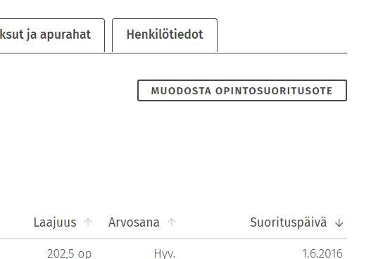 Kuvakaappaus Muodosta opintosuoritusote -napista Sisussa.