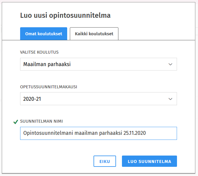 Kuvakaappaus Sisusta: Luo uusi opintosuunnitelma -ponnahdusikkuna