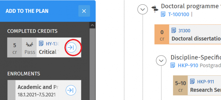 Screenshot: add to the plan in Sisu