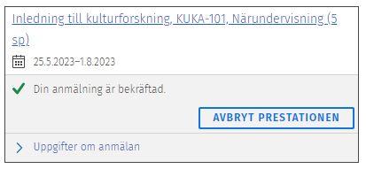 Skärmdump av studiemomentets uppgifter som visar Avbryt prestationen-knappen.