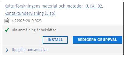 Skärmdump av studiemomentets uppgifter som visar Redigera gruppval-knappen.