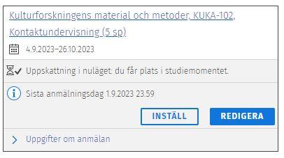 Skärmdump av studiemomentets uppgifter som visar Redigera-knappen.