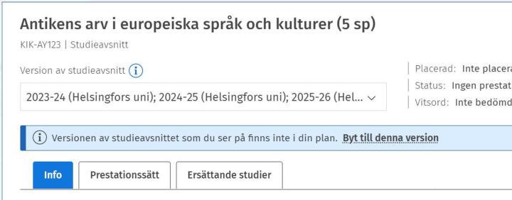 Skärmdump av anmälan under versionmenyn.