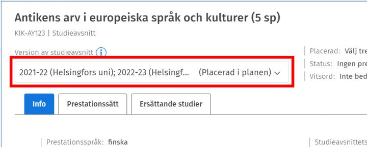 Skärmdump av rullgardinsmenyn för versioner.