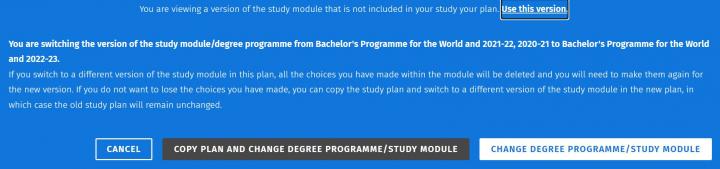 Screen capture of the notification for confirmation of the version change