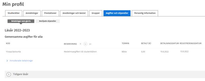 Skärmdump av fliken Avgifter och stipendier.