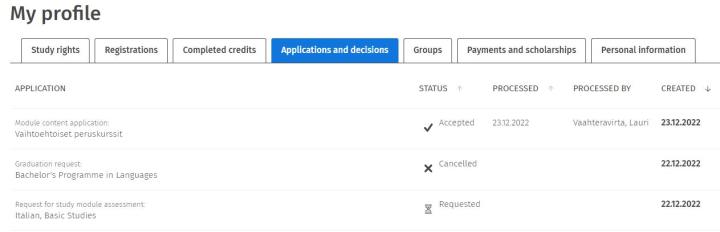 Screenshot of the Applications and decisions tab.
