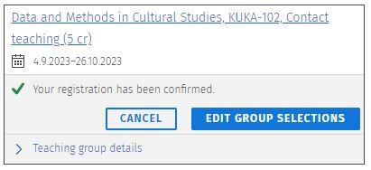 Screenshot of course unit information with the Edit group selections button visible.