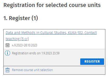 Screenshot of the course unit information with the Remove course unit selection button visible.