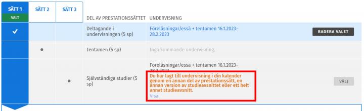 Skärmdump av meddelandet som visas under undervisningens namn.