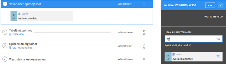 Kuvakaappaus Sisusta: valinnainen opintokokonaisuus ja valinta-avustin