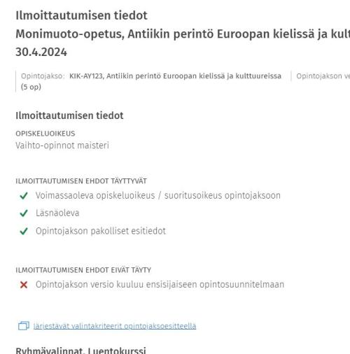 Kuvakaappaus ilmoittautumisen tiedoista Sisussa.