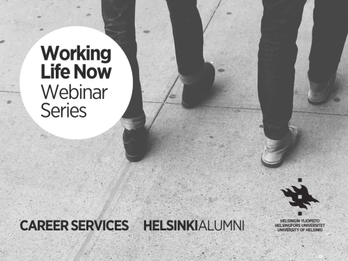 A grayscale banner for the "Working Life Now" webinar series, featuring two people's legs walking on pavement.