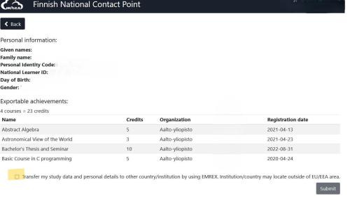 The image illustrates how to transfer and send study records to the Emrex service.