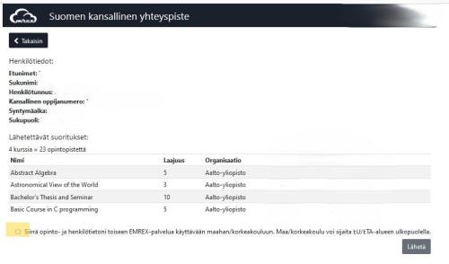 Kuva havainnollistaa opintosuoritusten siirtämisen ja lähettämisen Emrex-palveluun.