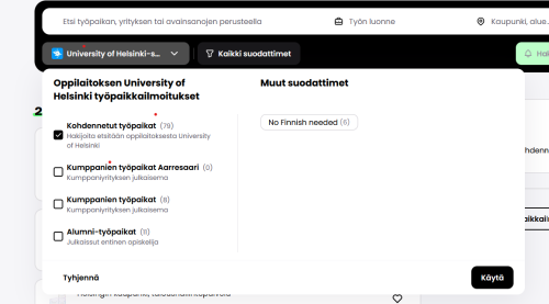 Valitse suodattimista kohdennetut työapaikat nähdäksesi suomalaisten työnantajien ilmoittamia työpaikkoja.