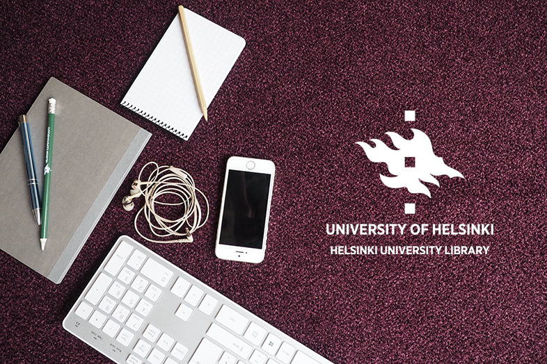 Keyboard, phone, notebook and pencils on purple background. Logo with English text: University of Helsinki, Helsinki University Library.