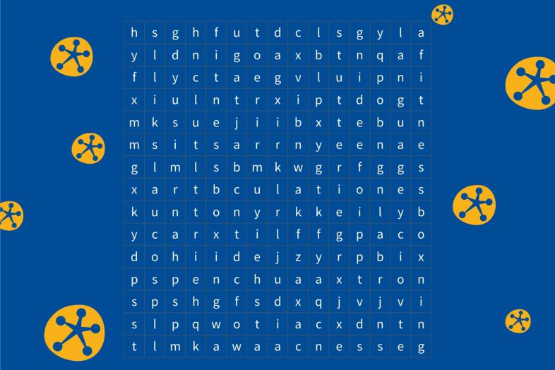 Kirjainrivejä, jossa piilotettuna sanoja. Piilotettuja sanoja ovat kuntonyrkkeily, fitness boxing, fitnessboxning. Taustalla UniSportin logoja.