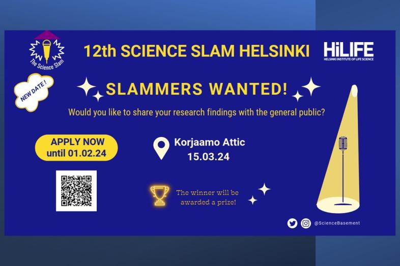 ScienceSlam -tapahtuman juliste, jossa toistettu samoja tietoja kuin oheisessa tiedotteessa.