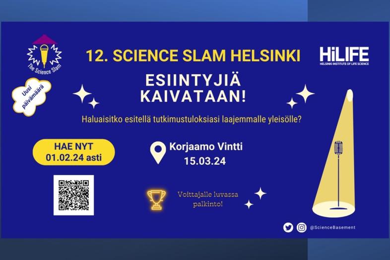 ScienceSlam -tapahtuman mainoskuva, jossa samoja tekstejä kuin oheisessa tiedotteessa.