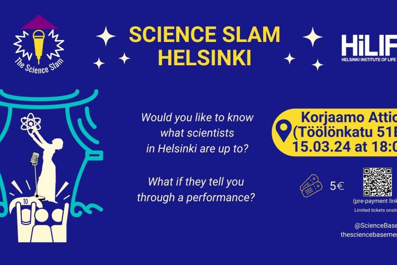 On a blue background text summarising the event details that can be also found in the bulletin text. In the middle, it reads "Would you like to know what scientists in Helsinki are up to? What if they tell you through a performance?".