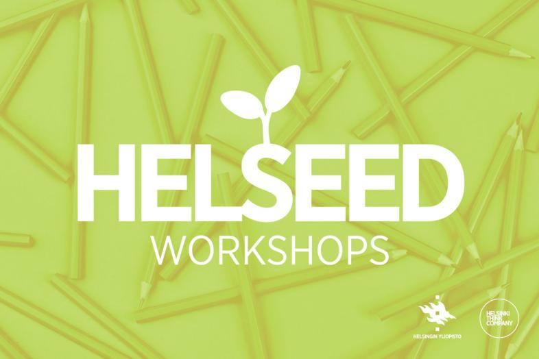 Vaaleanvihreä tausta, jossa on kasa lyijykyniä. Kuvan keskellä lukee "Helseed Workshops", ja kuvan oikeassa alareunassa sekä Helsingin yliopiston että Think Companyn logot.