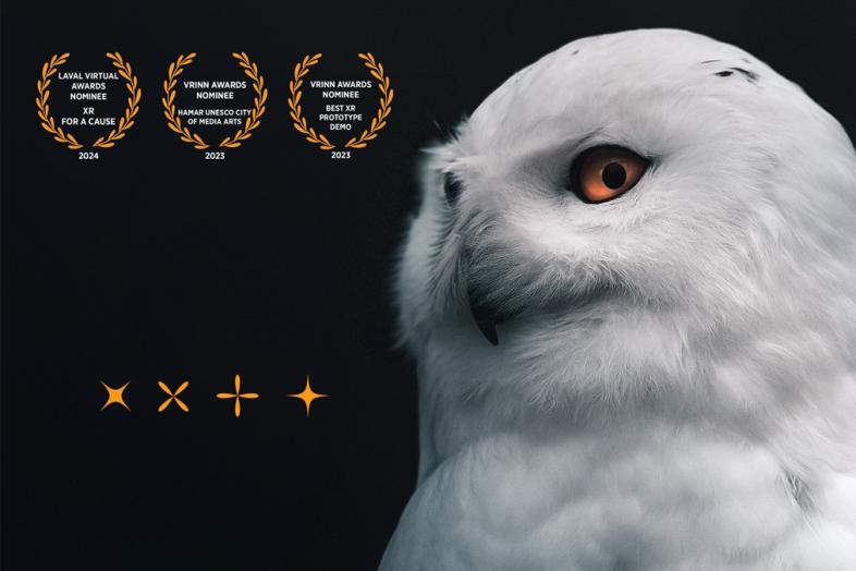 Musta tausta, jossa oikealla valkoinen pöllö. Vasemmassa yläkulmassa kolme kansainvälistä tunnustusta kuvaavaa elementtiä. Vasemmalla alhaalla neljä koristeellista kuviota.