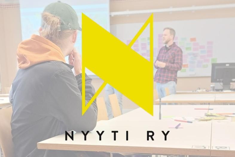 In the background, a student listening to a lecture and the Nyyti Ry yellow logo in the foreground.
