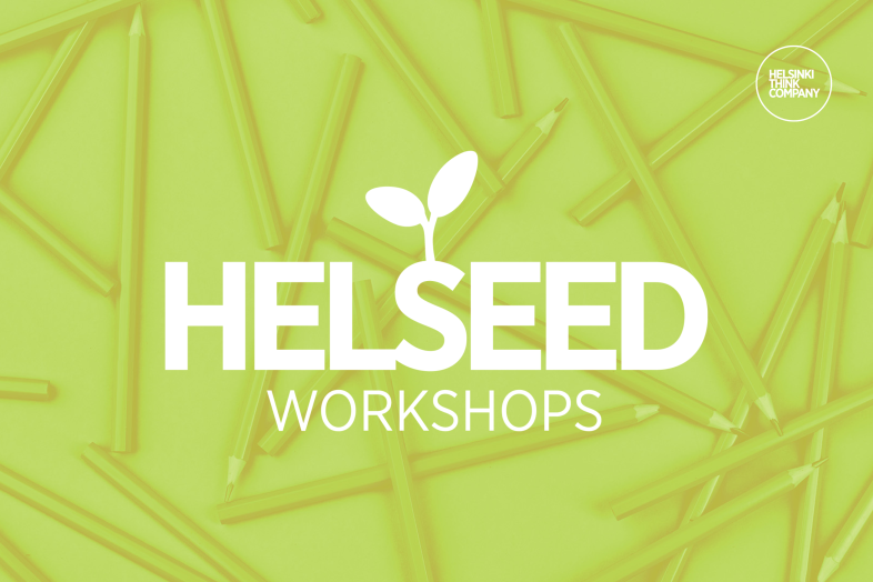 Vihreällä taustalla valkoinen teksti "HELSEED Workshops".
