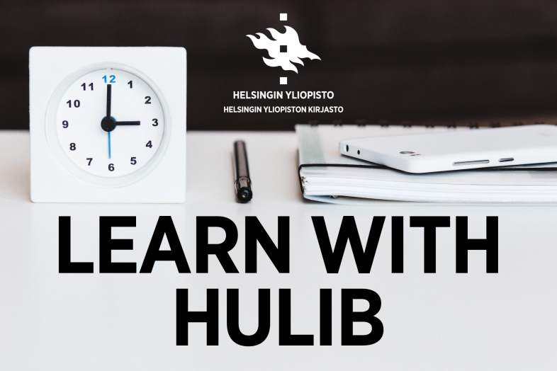 kello kynä lehtiö älylaite helsingin yliopiston kirjasto liekkilogo teksti learn with hulib