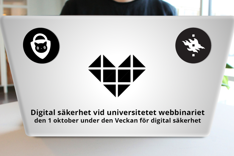 klistermärken med en bild av Datasäkerhetskatten och universitetets flamlogotyp