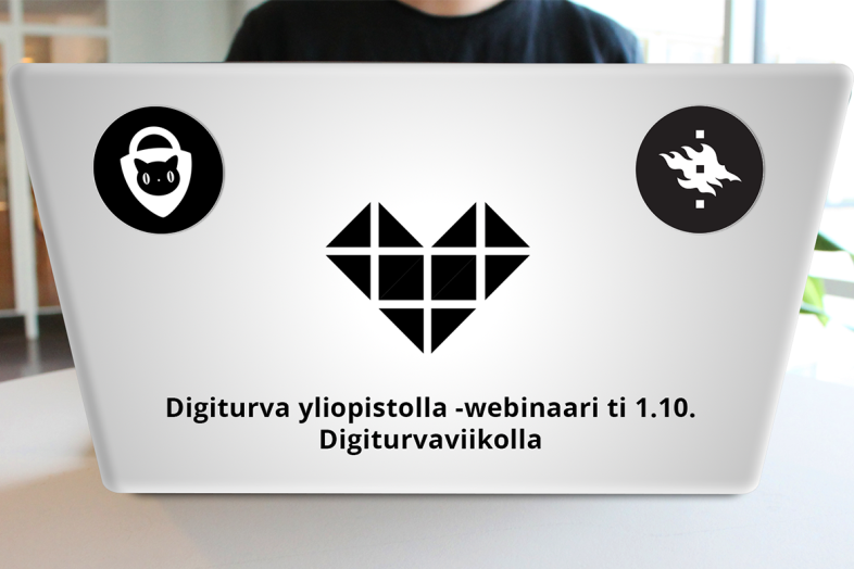 Digiturva yliopistolla -webinaari teksti kannettavan kuvan päällä.