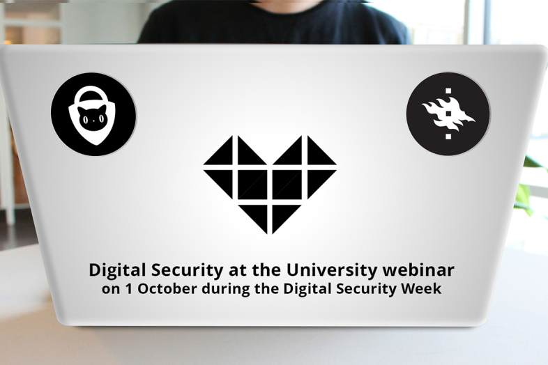 Laptop with text "Digital Security at the University webinar" on it.