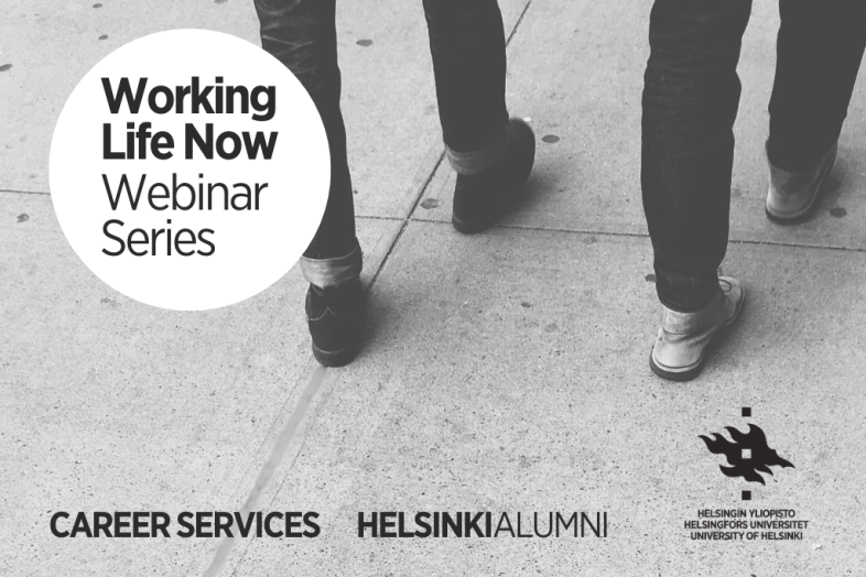 A grayscale banner for the "Working Life Now" webinar series, featuring two people's legs walking on pavement.