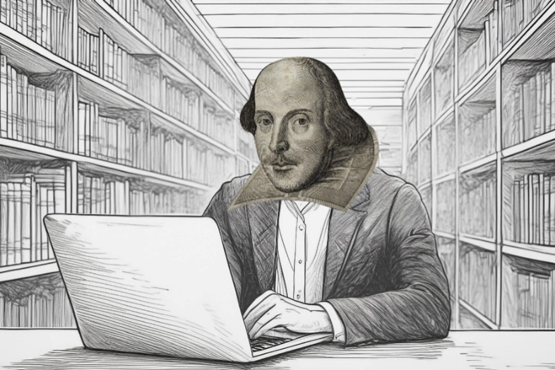 Shakespeare tietokoneen äärellä.