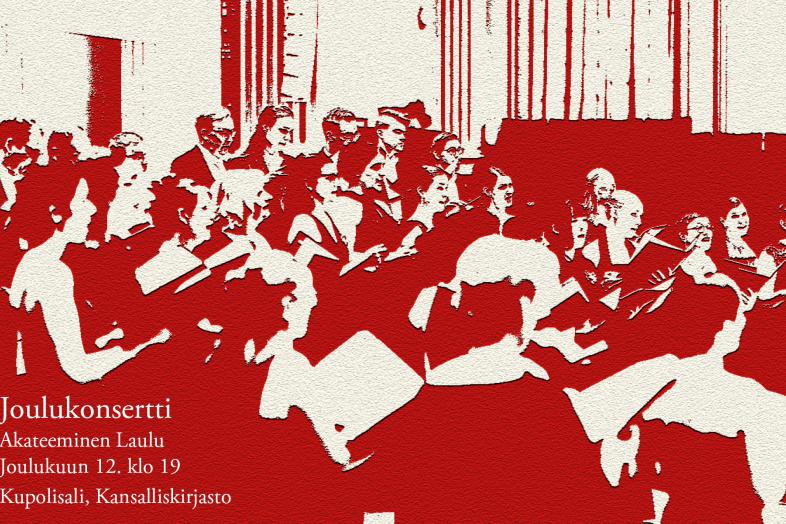 Punavalkoinen kuva kuoron esiintymisestä. 