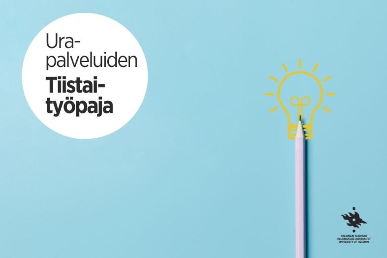 Kynä sinisellä pohjalla, valkoisessa ympyrässä teksti Urapalveluiden tiistaityöpaja.