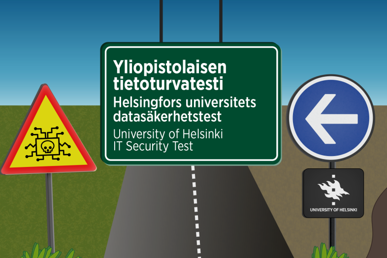 traffic sign with a text IT Security test, other traffic signs, road below