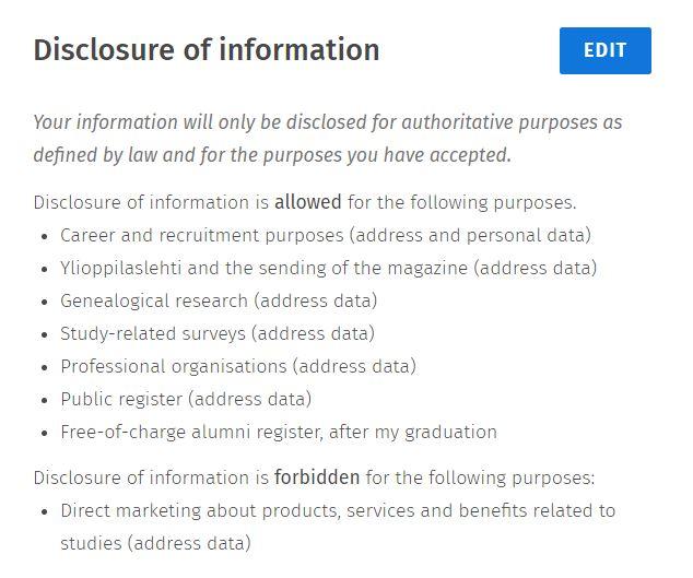 Screen capture of disclosure of information on the My profile page.