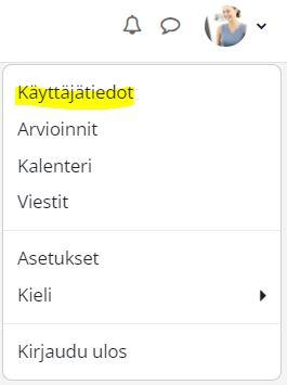 Käyttäjätiedot Moodlessa oikean yläkulman valikossa