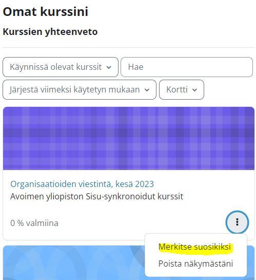 Lisää suosikkeihin valikko Omat kurssini sivulla