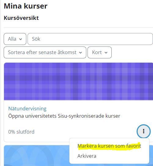 Markera kursen som favorit i Moodle Mina kurser sidan